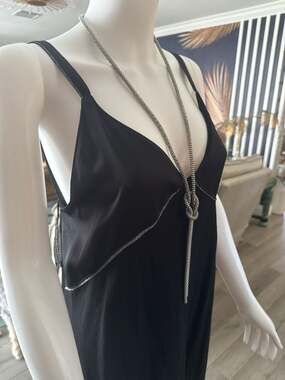 Zara Woman Black V-Neck Slip Dress with Silver Metallic Trim and Low Back Size L